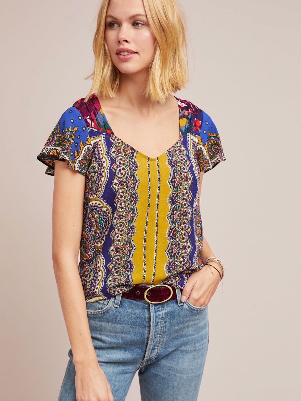 Anthropologie Yellow & Blue Boho Paisley Short Sleeve Blouse